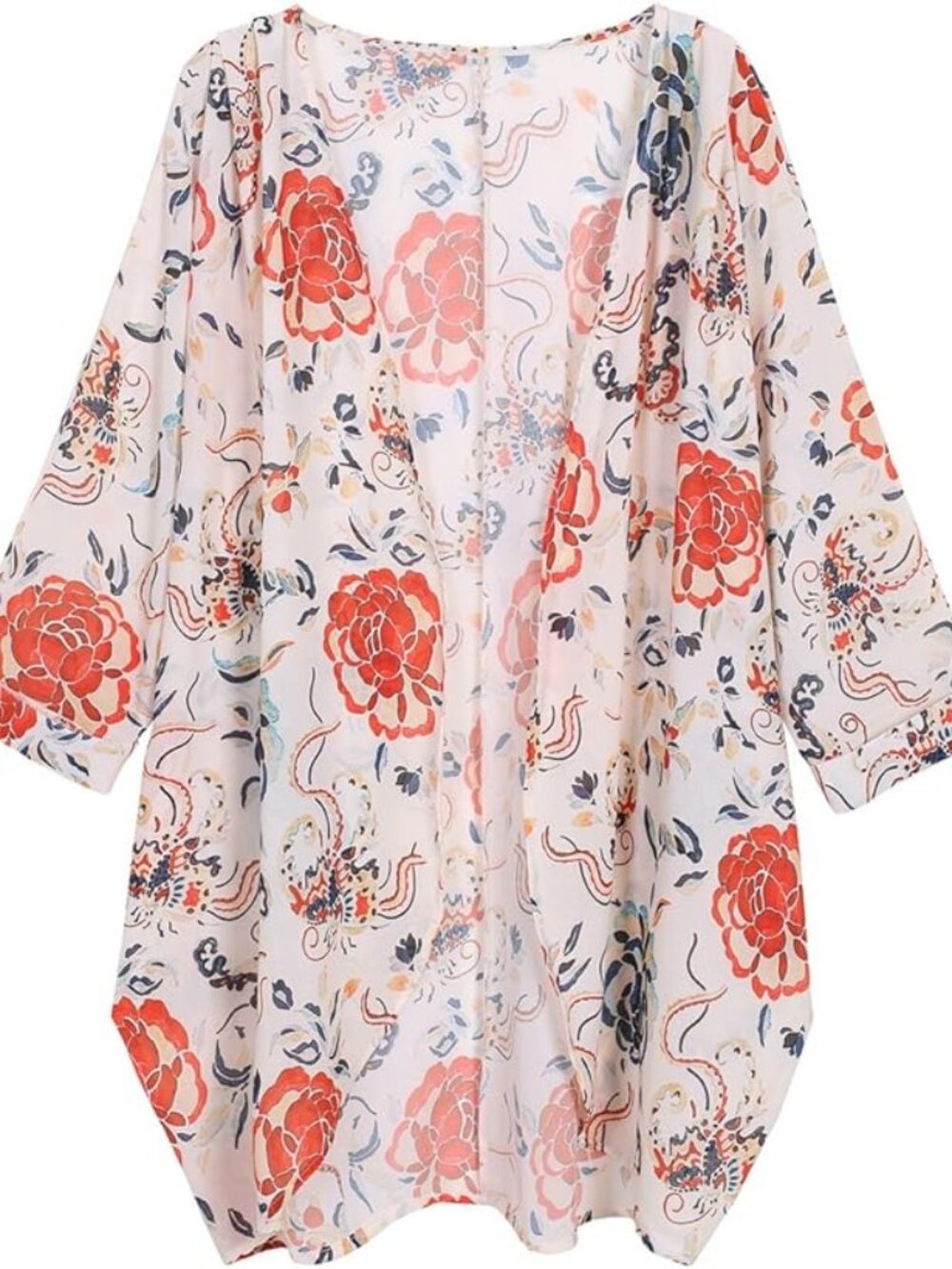 Women's Floral Print Sheer Chiffon 3/4 Cuffed Bat Sleeve Kimono Size XXL